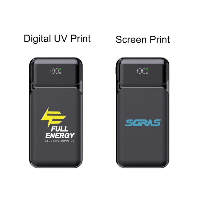 A black 10000mAh power bank featuring different printing styles and a digital display for battery percentage.
