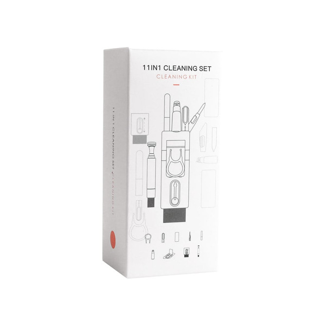 A cleaning kit box featuring various cleaning tools, predominantly in white with black and red accents. It has a logo.