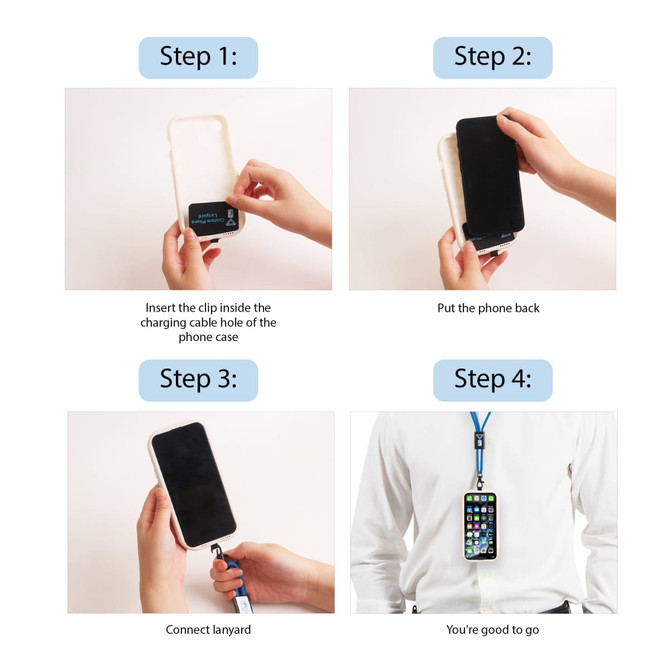 An adjustable phone lanyard in blue, with steps demonstrating attachment and use with a phone case.