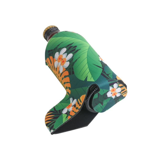 A drink bottle holder in a vibrant tropical design featuring green leaves and colourful flowers. It has a logo.