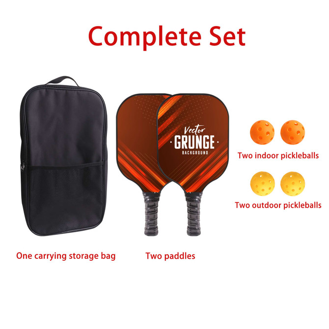 A complete Fiberglass Pickleball Set featuring two paddles, two indoor balls, two outdoor balls, and a carrying bag.