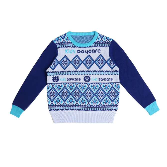 A unisex winter acrylic cotton jacquard sweater featuring a blue and white patterned design with long sleeves.