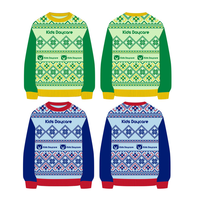 A collection of four jumpers in green, yellow, blue, and navy, featuring festive patterns and a logo.
