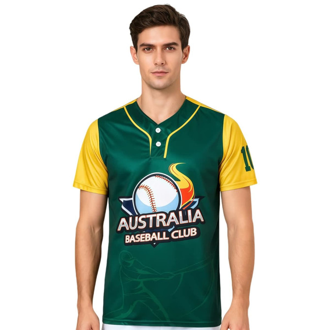 A green and yellow men's baseball jersey featuring a logo and a 2-button design. Made from 100% polyester.