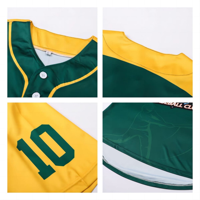 A green and yellow men's polyester baseball jersey featuring a two-button design and player number 10.