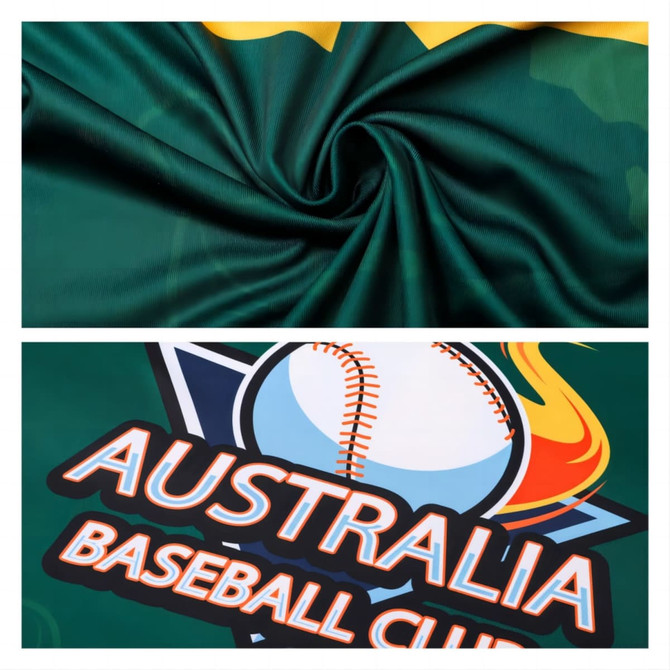 A green polyester fabric featuring a baseball-themed design and a logo, suitable for a baseball jersey.