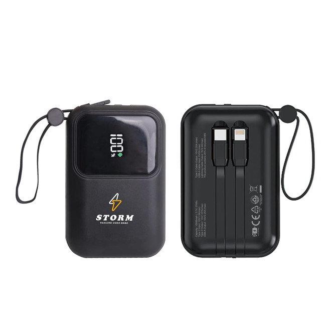 A black eco-friendly portable power bank with dual charging ports and a digital display. It has a logo on the front.