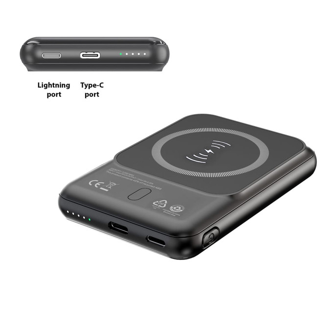A black 5000mAh eco magnetic power bank featuring Lightning and Type-C ports, with a wireless charging area.