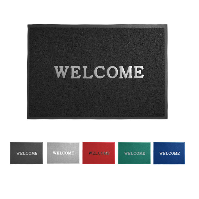 A black mat with a debossed logo and the word "WELCOME," alongside mats in grey, red, green, and blue.