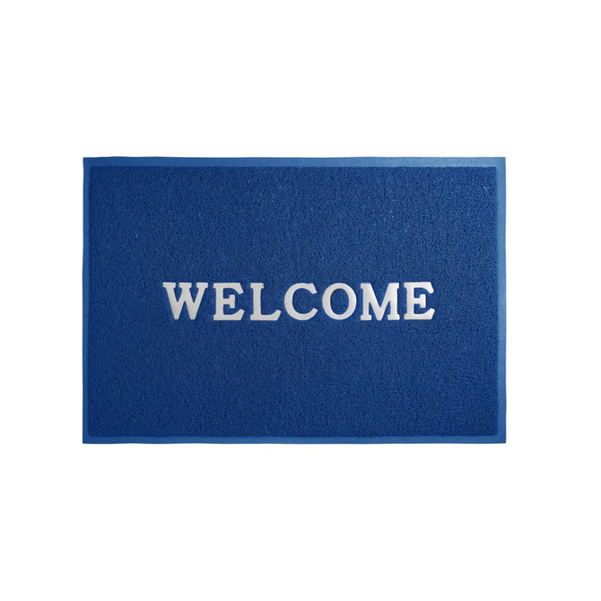 A blue floor mat with a textured surface featuring a welcome message in white lettering.