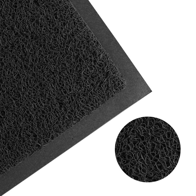 A black floor mat with a textured surface, featuring a close-up of its fibrous design and a logo.