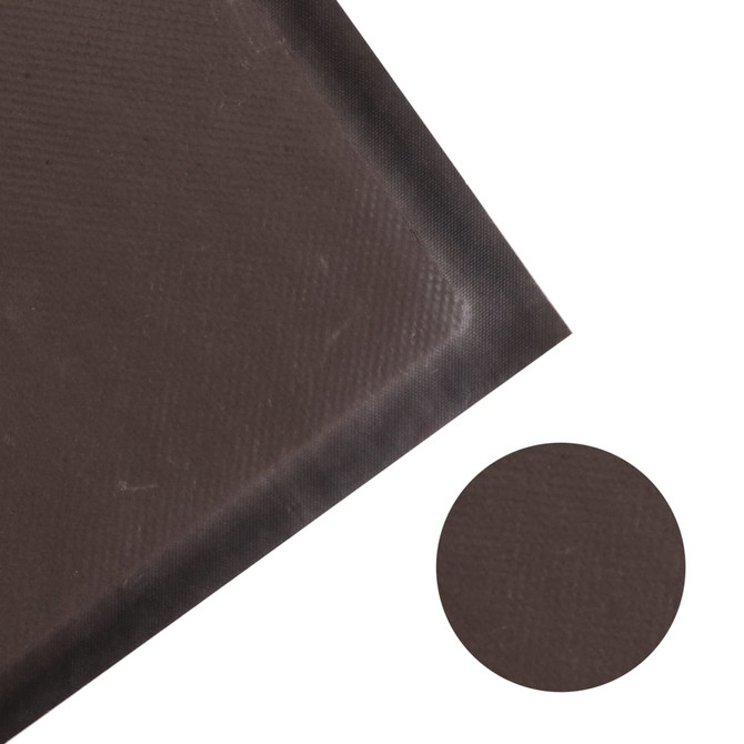 A dark brown debossed mat with a textured surface, featuring a rounded corner in a close-up view.