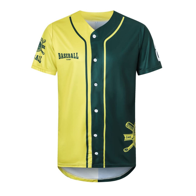A yellow and green men's baseball jersey with a full-button front and a logo on the sleeve.