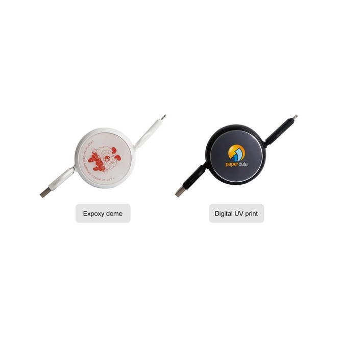 A retractable portable charging cable in white and black, featuring two USB connectors and distinct branding on each.