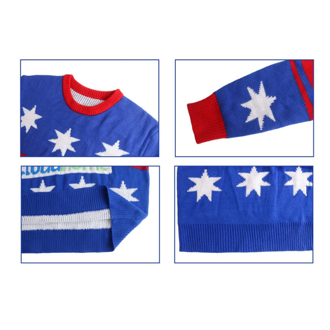 A unisex winter acrylic jacquard sweater in blue and red, featuring white star patterns and ribbed cuffs and hem.
