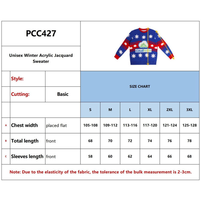 A unisex winter acrylic jacquard sweater in blue with multicoloured star patterns and a logo. Size chart included.