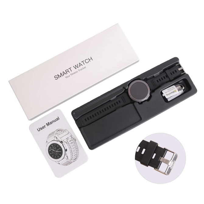 A round black smart watch with a black strap, presented in a box alongside a user manual and charging accessory.