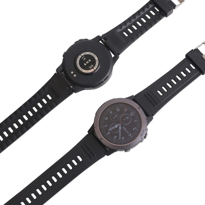 A black round smart watch with a prominent face and adjustable strap, featuring a logo on the back.