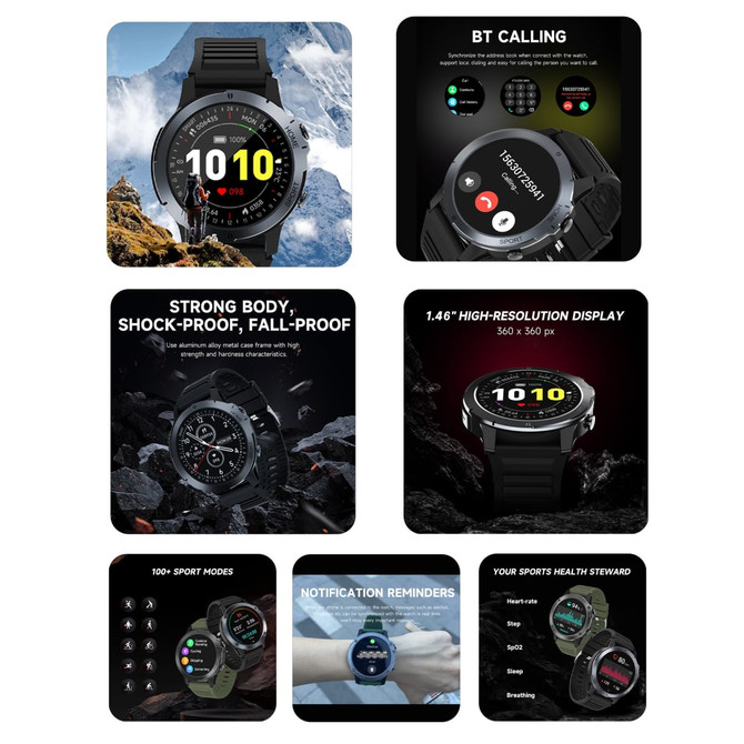 A round black smart watch with a 1.46-inch display, featuring a rugged design and various sport modes.