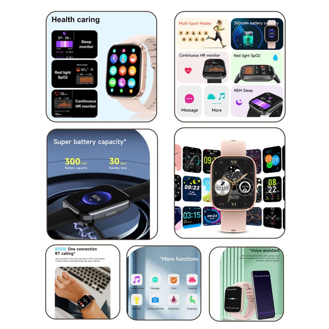 A square smart watch with a black strap, displaying various features and watch faces in a colourful layout.
