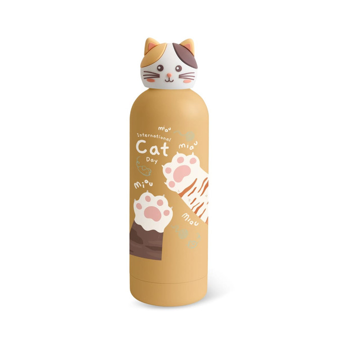 A drink bottle in a light brown colour featuring a cat-headed lid and paw prints. It includes a logo.