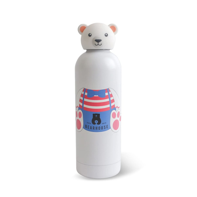 A drink bottle featuring a polar bear head cap, white body, and a playful design with a striped pattern.
