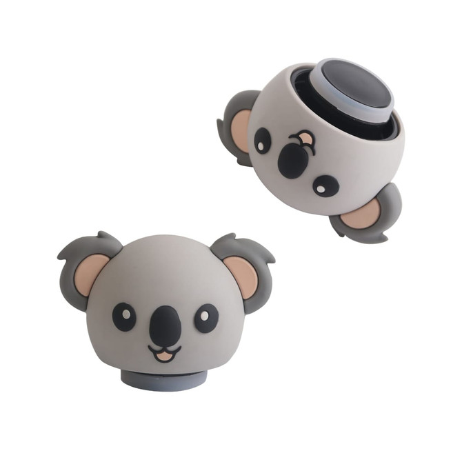A drink bottle with a grey koala head design, featuring a removable lid and a smooth body. It has a logo on the side.