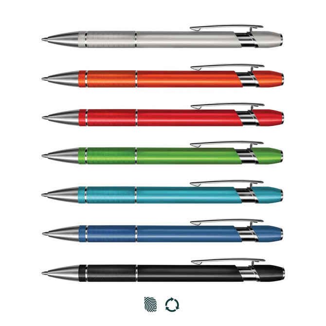 A collection of metal pens in silver, orange, red, green, blue, and black, featuring a logo on each pen.