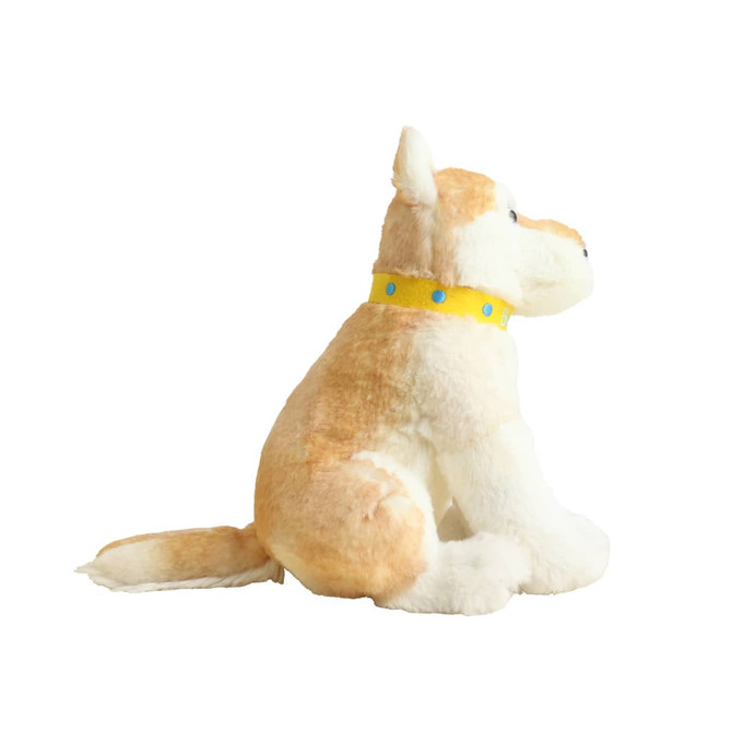 A plush toy resembling a dingo, featuring a cream and light brown colour with a yellow collar.