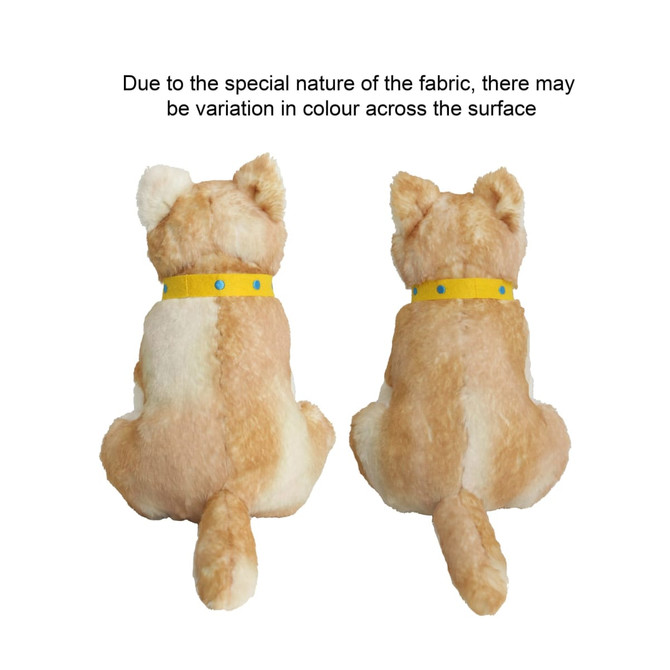 A plush toy of a dingo in tan and cream, featuring a yellow collar, viewed from the back.