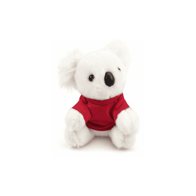A white plush koala toy wearing a red shirt, featuring soft fur and a cute expression. It has a logo on the shirt.