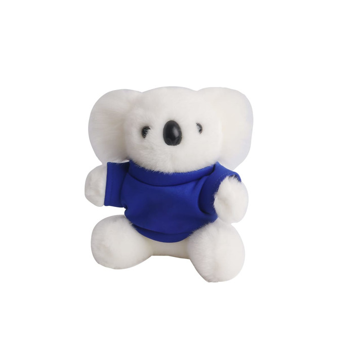 A fluffy white koala plush toy wearing a blue outfit, featuring a small black nose and large ears.