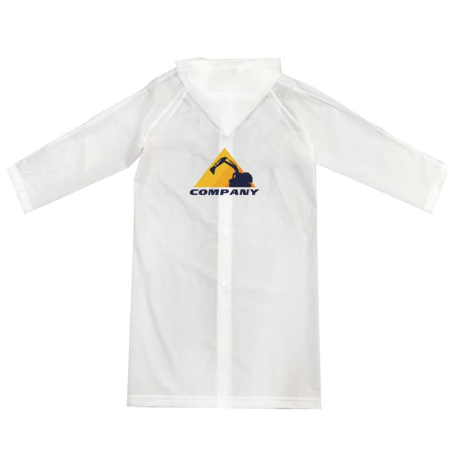 A light white raincoat made from EVA material, featuring a hood and a logo on the front.
