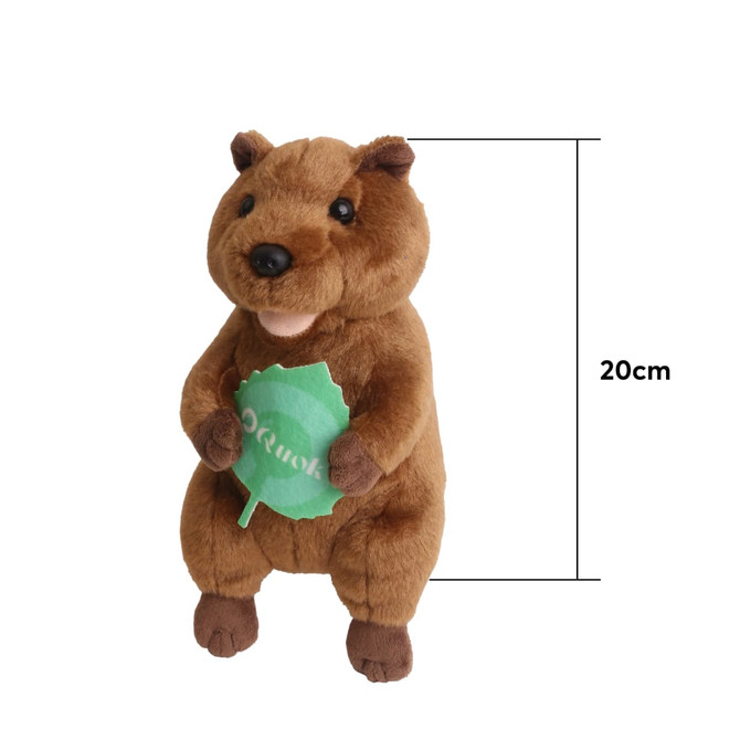 A 20cm brown quokka plush toy holds a leaf and features a brand logo on it. Soft and cuddly design.