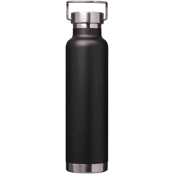 A drink bottle in matte black finish with a stainless steel base and handle. It features a logo.
