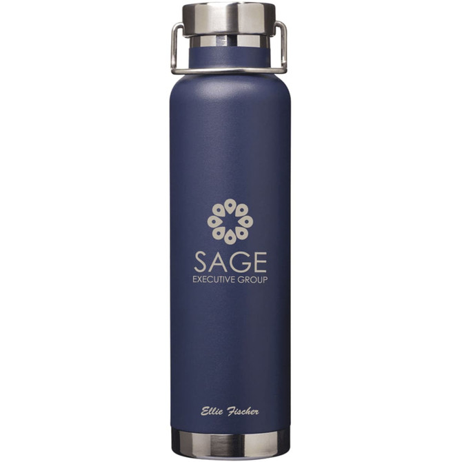 A drink bottle with a navy blue finish, featuring a logo and a stainless steel cap. Holds 650ml.