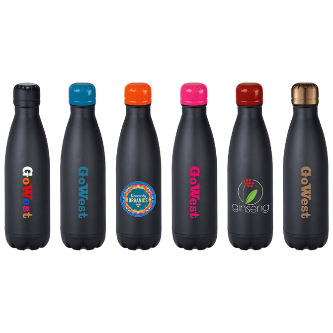 A drink bottle collection featuring six black vacuum insulated bottles in various cap colours: orange, pink, copper, and more.