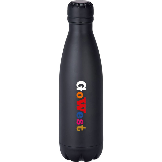 A drink bottle in matte black finish, featuring a multi-colour logo and a vacuum insulated design, 500ml capacity.