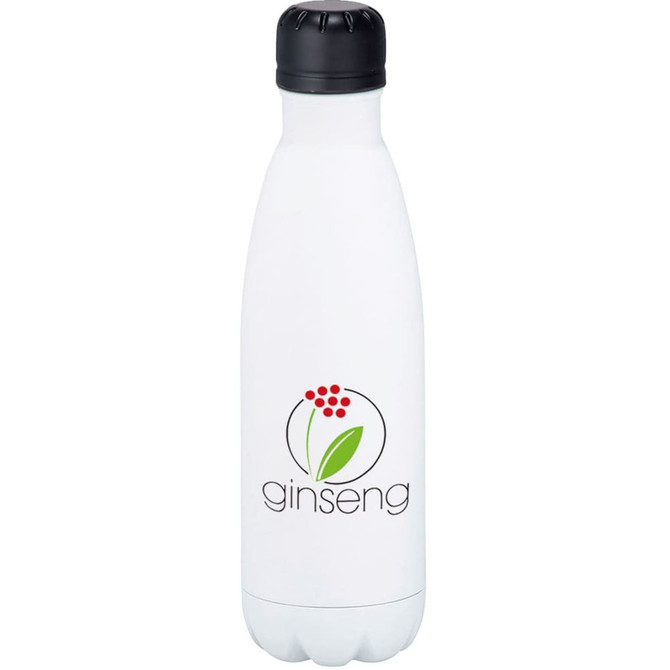 A drink bottle with a sleek white finish, featuring a logo, designed for vacuum insulation.