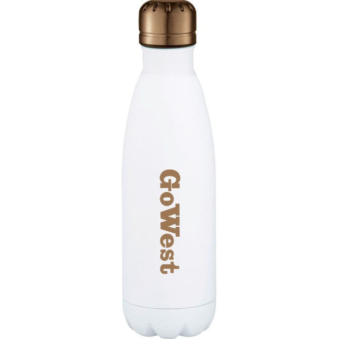 A drink bottle in white with a bronze lid, featuring branding on the surface. It's 500ml and vacuum insulated.