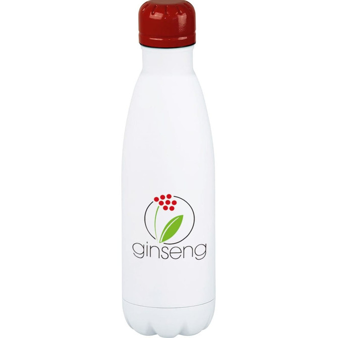 A drink bottle featuring a white body and red cap, with a logo on the front. It has a vacuum insulated design.