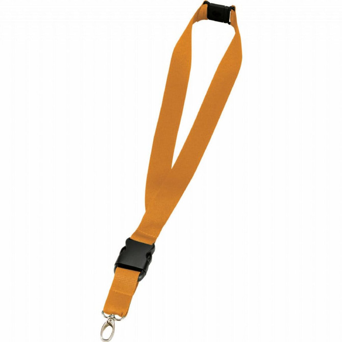 An orange lanyard with a black clip and attachment hook. It has a simple, flat design suitable for events.