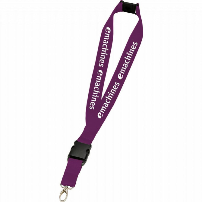 A purple lanyard featuring a logo, with a clip for attaching items. Ideal for exhibitions and events.