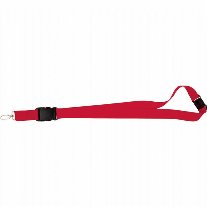A red lanyard with a clip and a black detachable buckle, designed for holding cards or ID.
