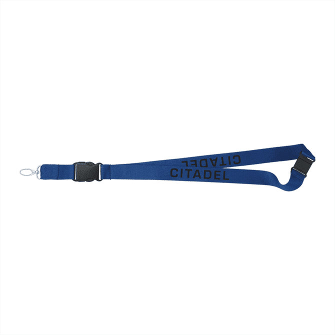A blue lanyard with a black logo, featuring a clip and adjustable buckle.