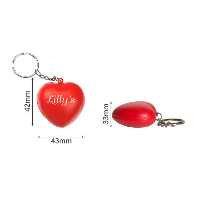 A red heart-shaped stress reliever with a keyring attached, featuring white branding.