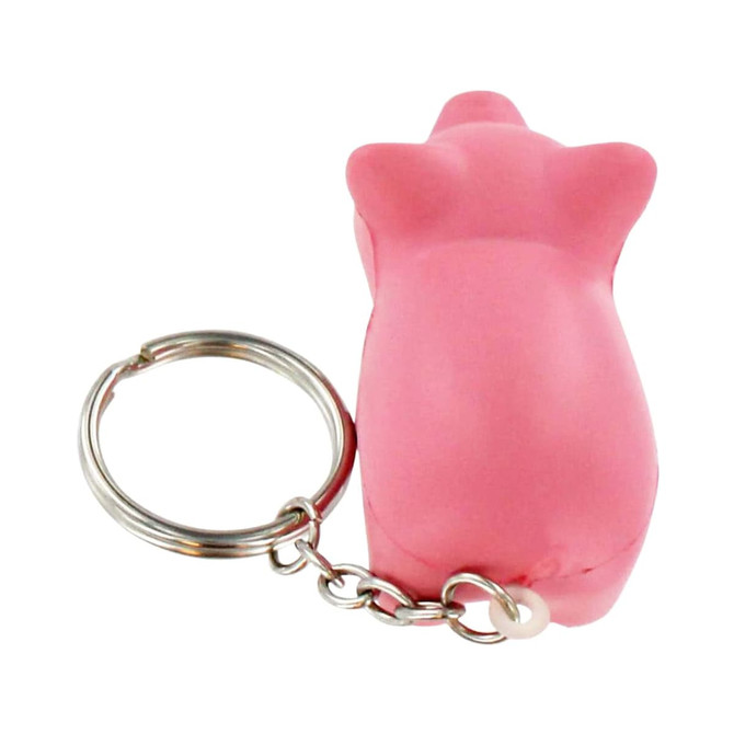 A pink mini pig stress item attached to a keyring, featuring a metal chain and keyring.