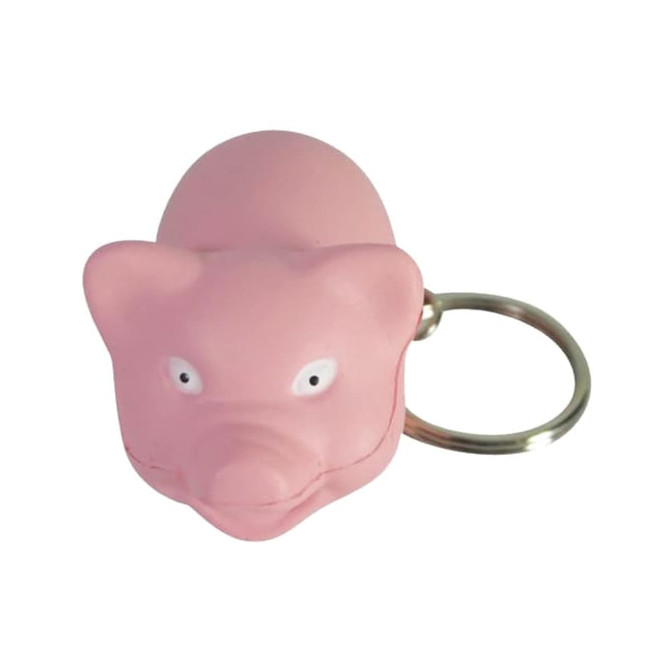 A pink mini pig stress item attached to a keyring, featuring a simple facial design and silver keyring.