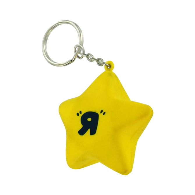 A yellow star-shaped stress reliever attached to a silver keyring. It features a simple design with minimal detail.