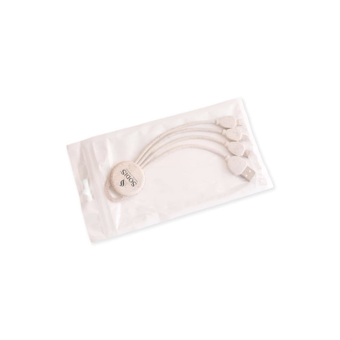 A round-shaped charging cable in shades of beige, packaged in a clear plastic sleeve, featuring a logo.